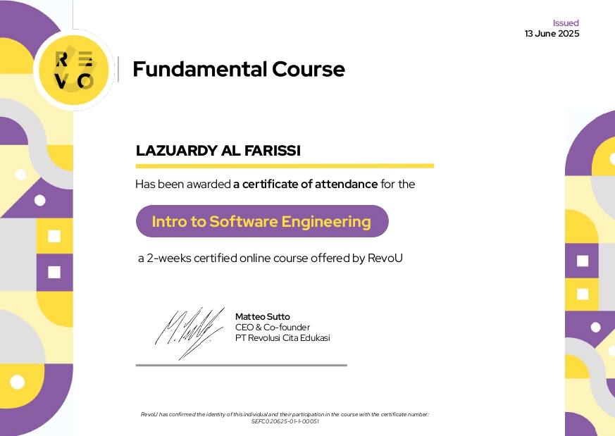 Mini Course 2 Weeks Software Engineering - Certificate earned by Lazuardy Al Farissi